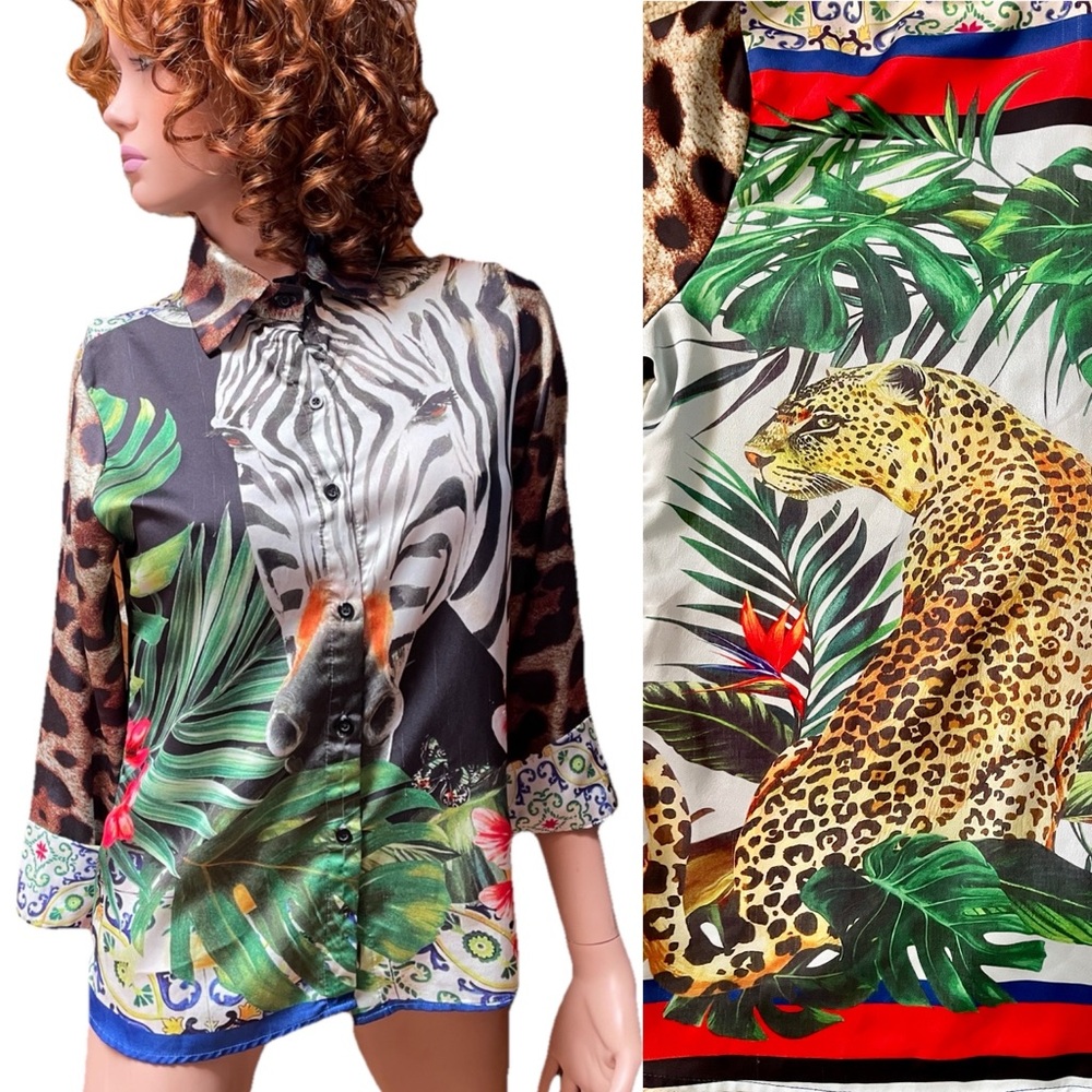 Fabulous TROPICAL Leopard and Zebra Print BLOUSE Size Medium